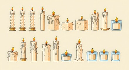 Obraz premium Variety of Candles with Dripping Wax on Light Background