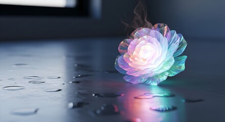 Ethereal Pearlescent Iridescent Gradient Bloom of Lavender, Mint, and Rose Hues Diffusing on a Textured Cool Grey Surface, Creating a Dreamy Luminous Background for Modern Designs.