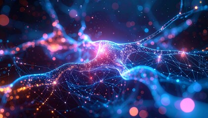 Obraz premium Futuristic Abstract Network with Glowing Blue and Orange Lights on Dark Background