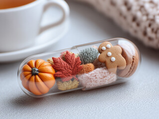 Fototapeta premium Cup of tea with gingerbread and pumpkins in a transparent capsule tablet. Concept of medicine for autumn depression