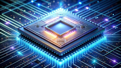 Illuminated Central Processing Unit on Circuit Board Representing Advanced Technology and Computing Power