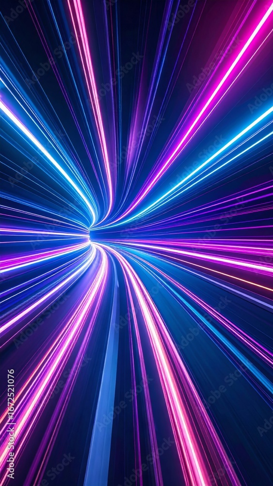 Poster abstract tunnel of light trails in neon colors with speed and motion blur effect
