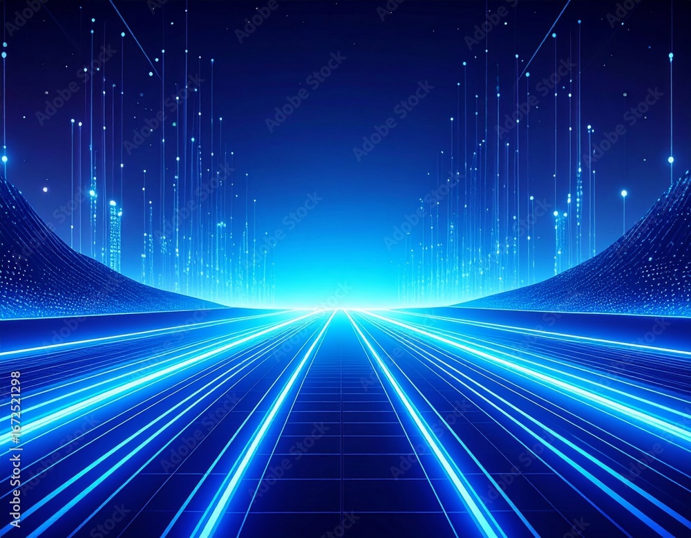 Poster vibrant blue abstract digital network background with glowing light trails and geometric patterns