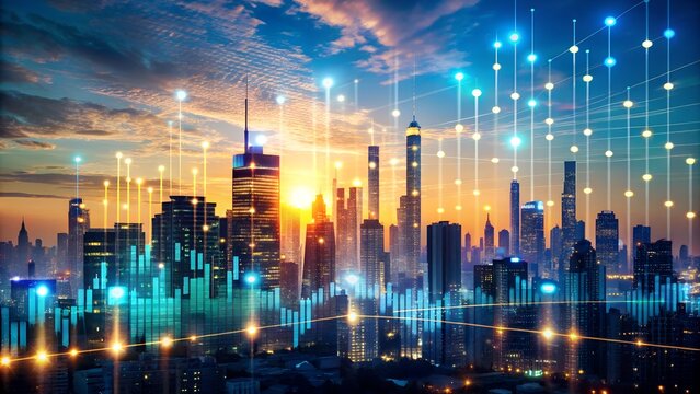 Futuristic Cityscape with Data Streams and Financial Charts Overlayed at Sunset Technology Concept