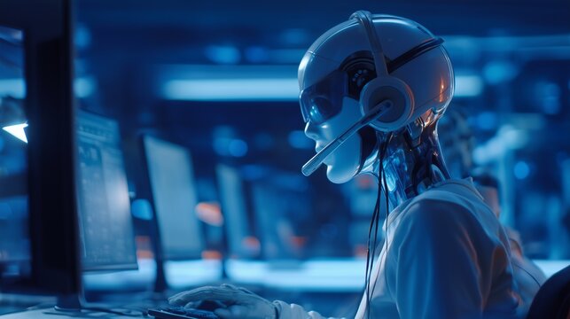 Futuristic android call center employee wearing headset, seated at a modern desk with multiple screens, concept of AI Artificial intelligence customer service, robotic assistant, and virtual support.
