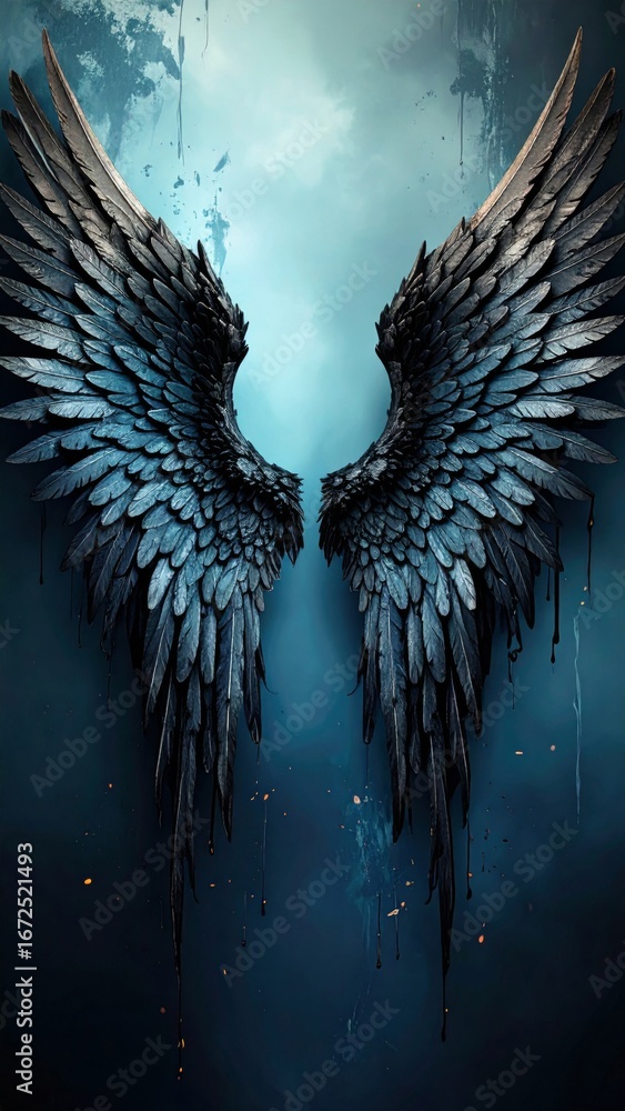 Poster abstract image of dark pixelated wings with a blue hued background and digital artifacts