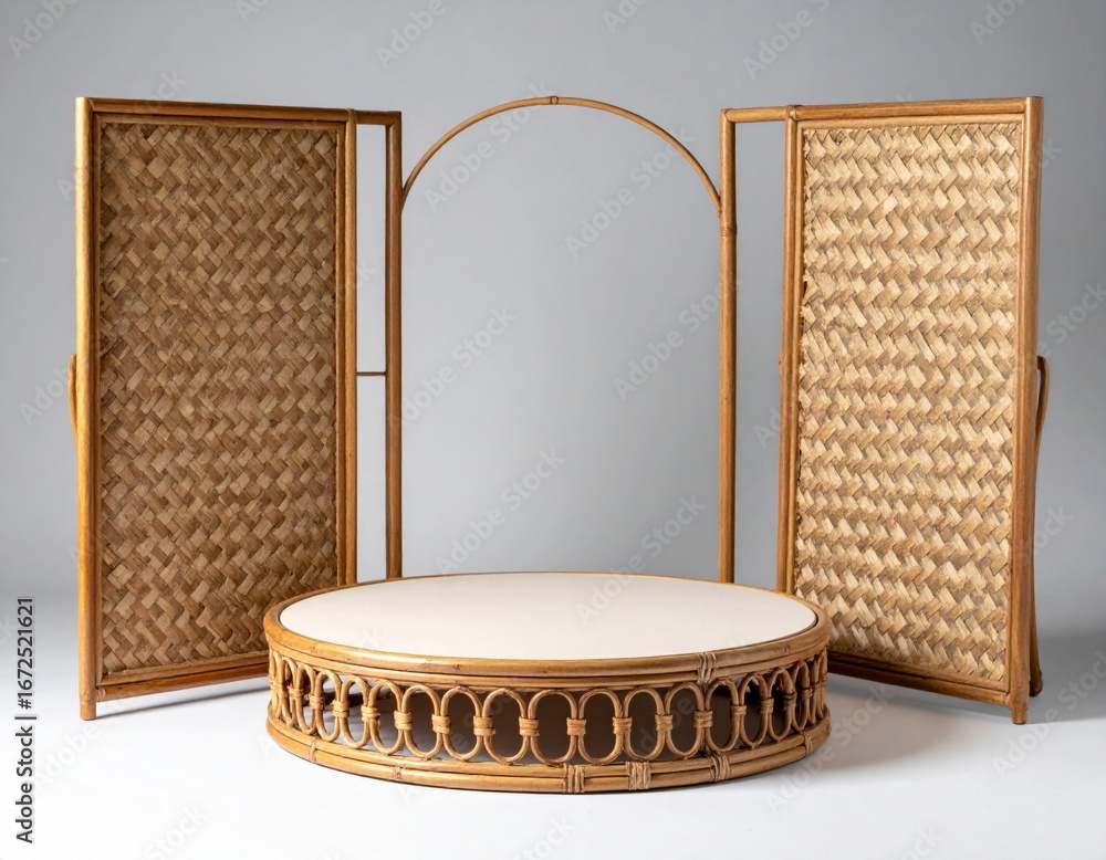 Poster woven bamboo round display platform and screen divider in neutral background setting