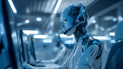 Futuristic android call center employee wearing headset, seated at a modern desk with multiple screens, concept of AI Artificial intelligence customer service, robotic assistant, and virtual support.