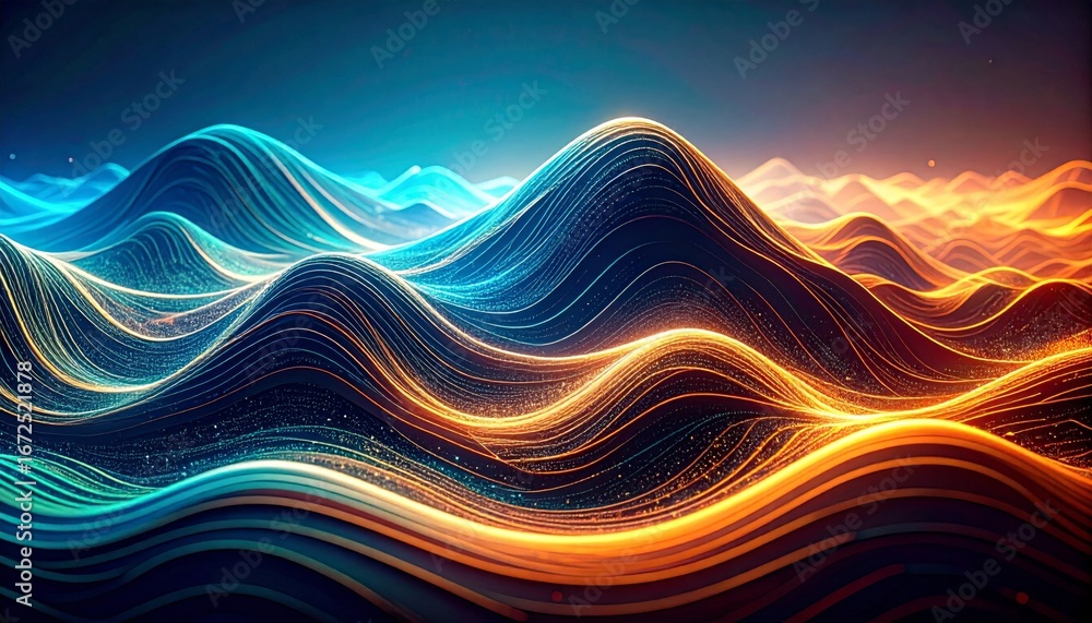 Aufkleber abstract data waves of interconnected glowing lines in blue and orange digital background