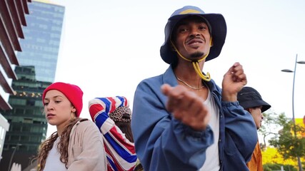 Two dynamic dancers capture attention with their impressive movements and infectious rhythm while performing to lively music, evoking energy and excitement in a vibrant display of talent and