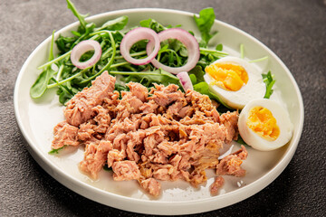 Tuna salad egg, arugula, vegetables tasty snack fresh delicious gourmet food background on the table rustic food top view copy space keto and paleo diet food pescetarian diet