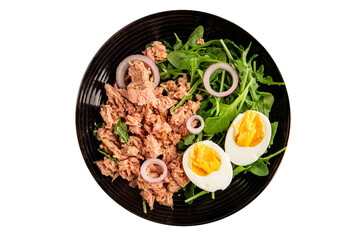 Tuna salad egg, arugula, vegetables tasty snack fresh delicious gourmet food background on the table rustic food top view copy space keto and paleo diet food pescetarian diet