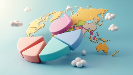 A 3D rendering of a world map with a pie chart in the middle of it.