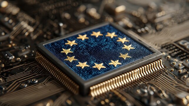 High quality photo of european union flag on a microchip symbolizing digital europe.