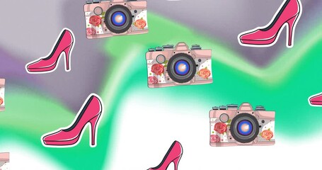 Animation of pink shoes and cameras on colourful background - Powered by Adobe