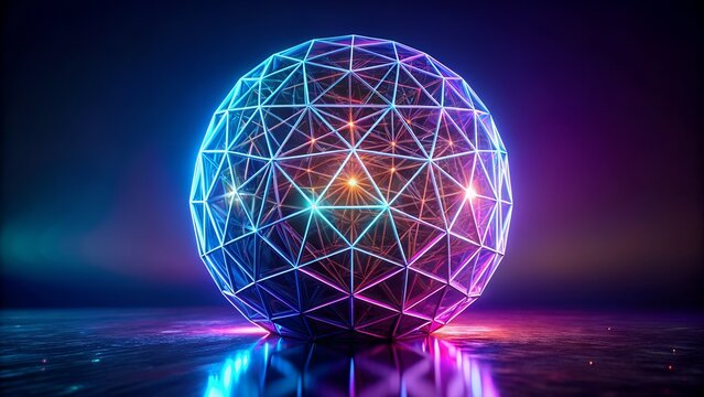 Glowing Geometric Sphere A Mesmerizing Display of Neon Light and Modern Design Aesthetics - Powered by Adobe