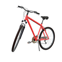 Naklejka na ściany i meble Red bicycle standing while leaning on kickstand, side front view. Bike resting on kick stand. Png clipart isolated on transparent background