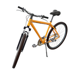 Orange bicycle standing while leaning on kickstand, side front view. Bike resting on kick stand....