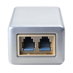Obraz premium Compact white network adapter with two rj45 ethernet ports on a black background