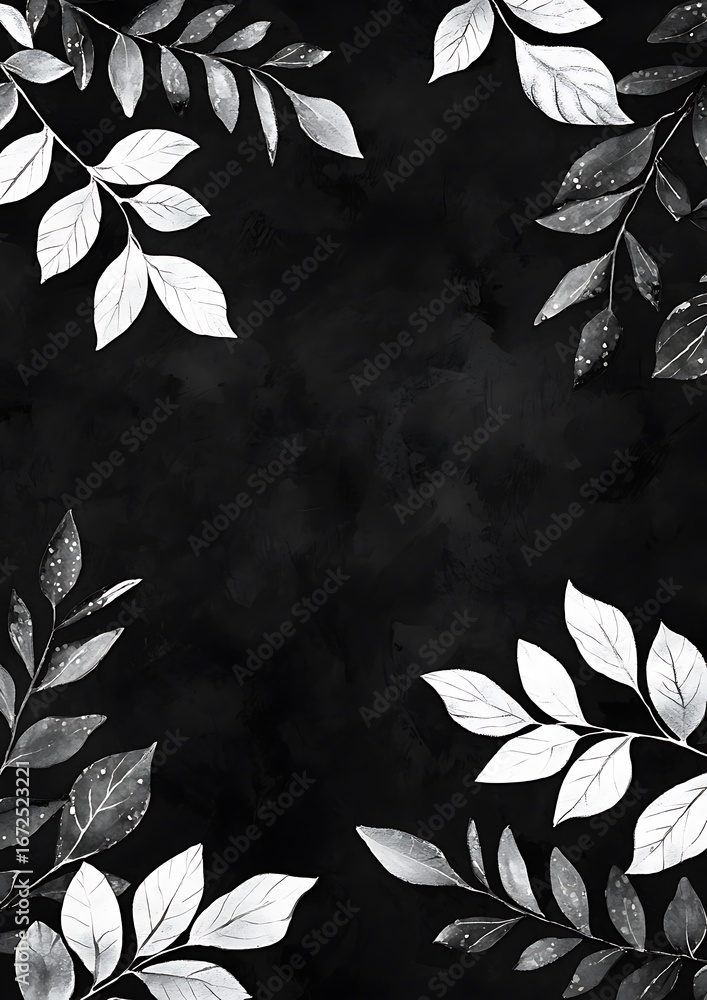 Poster elegant monochrome image featuring leaves, creating a harmonious composition against a dark backgrou