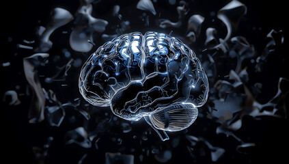Fototapeta premium Abstract Glowing Human Brain Illustration with Debris Exploring Cognitive Functions and Artificial Intelligence Concept