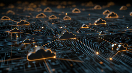 Abstract cloud computing network visualization showing interconnected nodes and data streams, representing digital connectivity, technology, and modern information flow