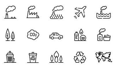 Line art icons depicting environmental pollution, recycling, CO2 emissions, and climate change, perfect for sustainability themes.