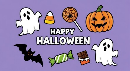 Happy Halloween with cute ghosts, bat, pumpkin, and candy on a purple background.