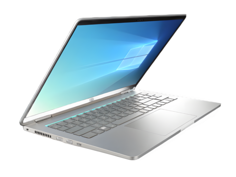 Modern silver laptop with open screen displaying a blue abstract background