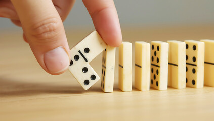 Domino Effect Strategy with Hand Pushing First Domino to Trigger Chain Reaction Game and Problem Solving Concept