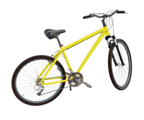 Yellow bicycle standing while leaning on kickstand, side view. Bike resting on kick stand. Png clipart isolated on transparent background