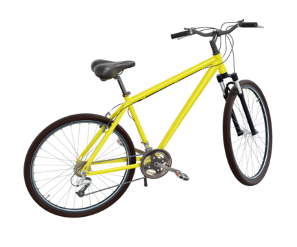 Yellow bicycle standing while leaning on kickstand, side view. Bike resting on kick stand. Png clipart isolated on transparent background