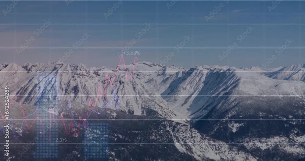 Poster animation of diagrams and data processing over mountains