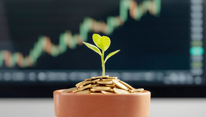 Financial Growth Concept Sprout Growing From Coins Against Stock Market Graph Investment Success Business Opportunity and Wealth Creation Long Term Prosperity