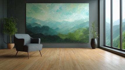 Abstract green mountain landscape wall art featuring layered shapes, soft gradients, flowing contours, natural tones, and a calm minimal modern aesthetic in gray living room 