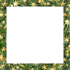 watercolor Christmas decoration, golden Christmas baubles, balls, stars, hand drawn sketch of green fir branches with Christmas tree toys, white frame, template, party, event, winter illustration