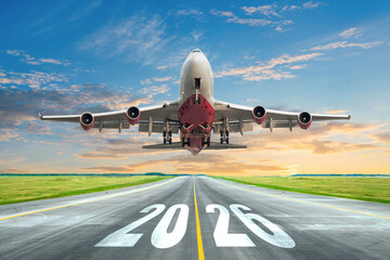 Inscription on the runway 2026 surface of the airport road yellow line take off airplane. Concept...