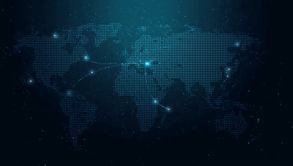 Global Network Connection Digital World Map with Data Transfer and Cybersecurity Connectivity in Blue Tones for Modern Technology and Business Solutions