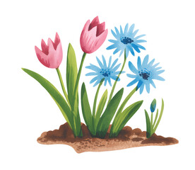 Cute cartoon tulip and daisy garden in kids style.