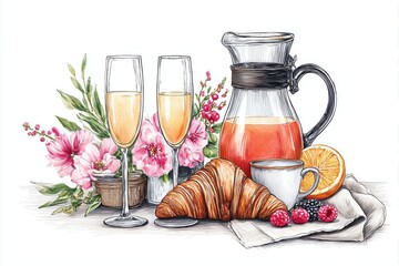 Elegant Brunch Display Artwork: Gourmet Breakfast Tray with Floral Accents and Glassware on White Background.