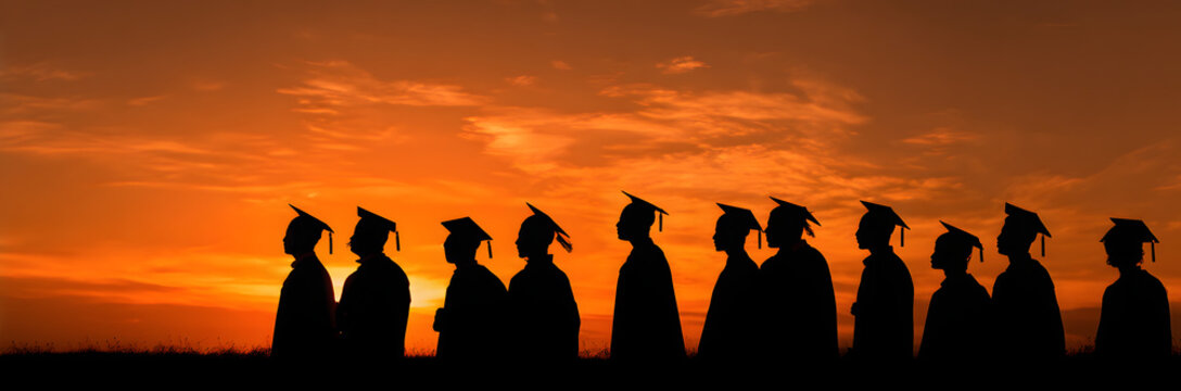 Silhouettes of students with graduate caps in a row n panoramic sunset backgrond. Graduation ceremony atuniversity web banner, clas of 2025