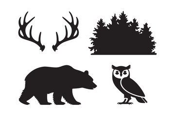 Rustic woodland wildlife and forest silhouette collection