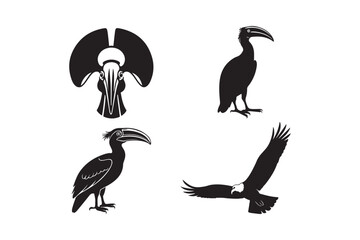 Four stylized black silhouettes of shoebill storks in various poses