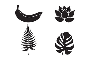 Tropical botanical silhouettes featuring banana lotus fern and monstera