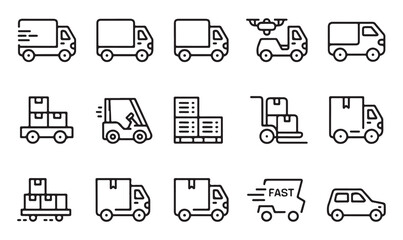 Line icons representing transportation, delivery services, and warehouse operations for logistics themes.