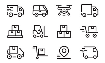 Set of line art icons illustrating transportation and delivery vehicles like trucks, drones, and forklifts.