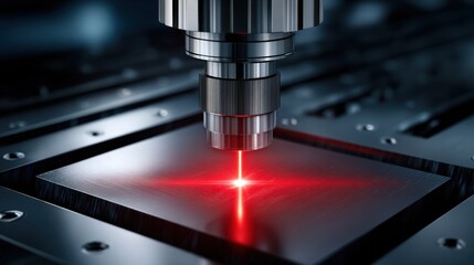 A focused red laser beam illuminates a metal surface in an industrial setting, showcasing precision technology's high-tech innovation.