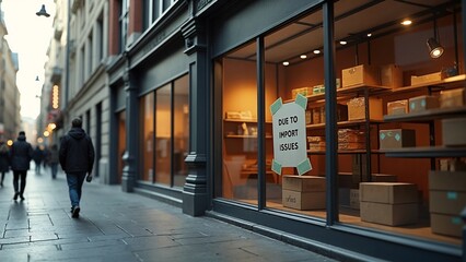 Obraz premium A man walking down a sidewalk past a store window with a sign that says due to import issues.