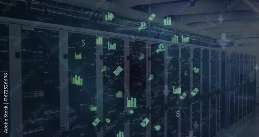 Poster animation of globe with connections and ai icons over computer servers