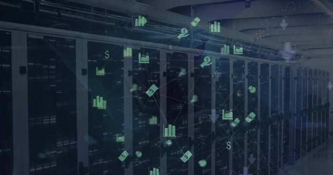 Animation of globe with connections and ai icons over computer servers - Powered by Adobe